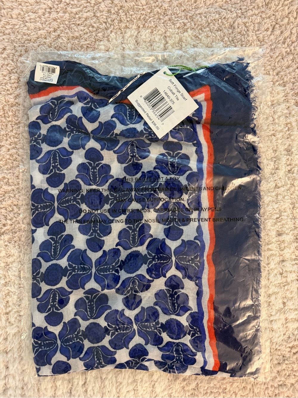 NWT Vera Bradley Soft Fringe Scarf Cobalt Tile Retired Blue Red